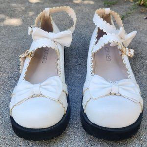 White Kawaii Bow Ankle Strap Shoes